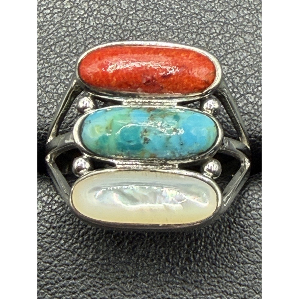 New Condition Sterling Silver Turquoise Coral Mother Of Pearl Ring Size 10 J19 - Picture 5 of 10